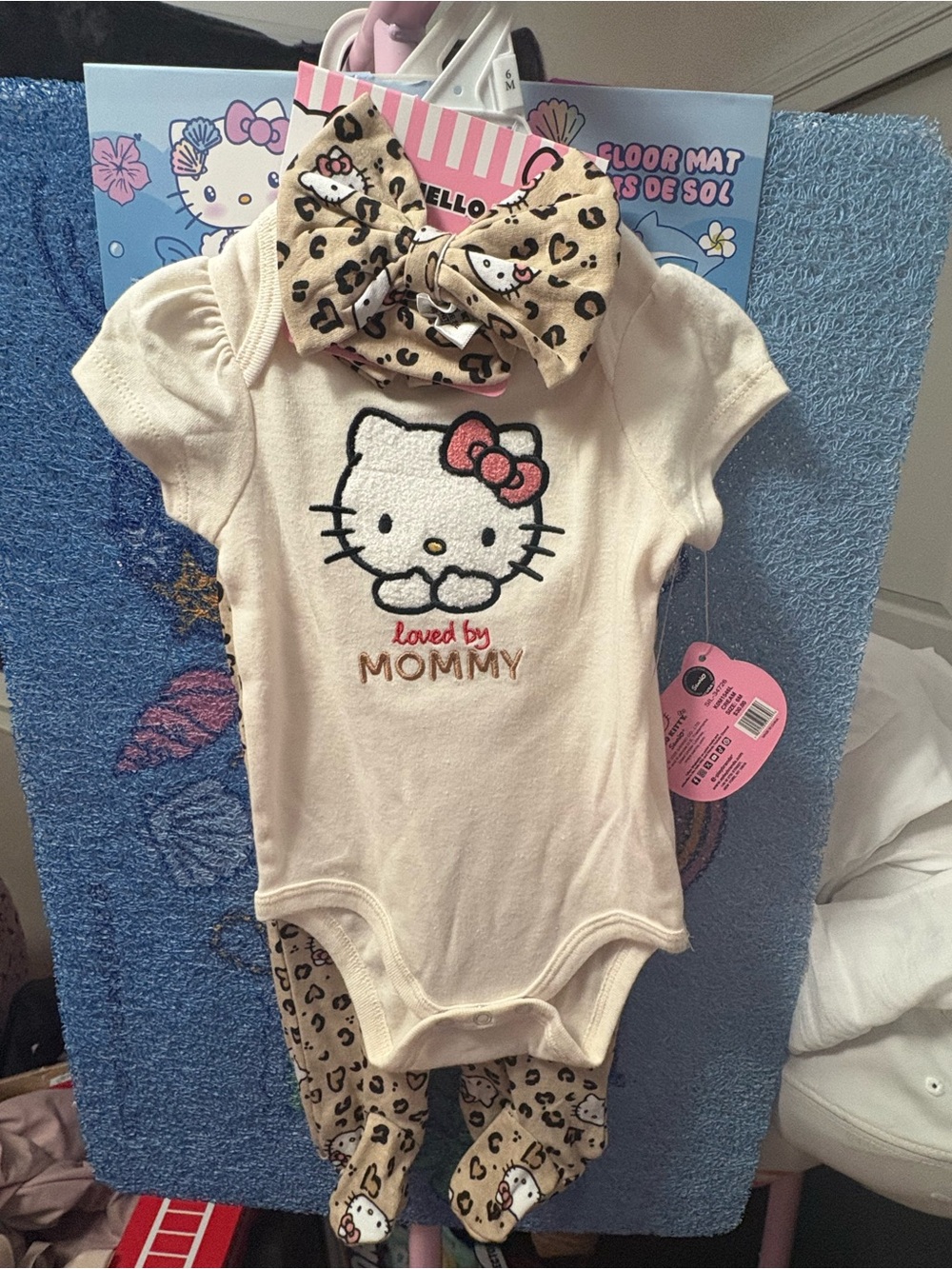 Hello Kitty Cream Bodysuit Set with Leopard Bow and Footed Pants